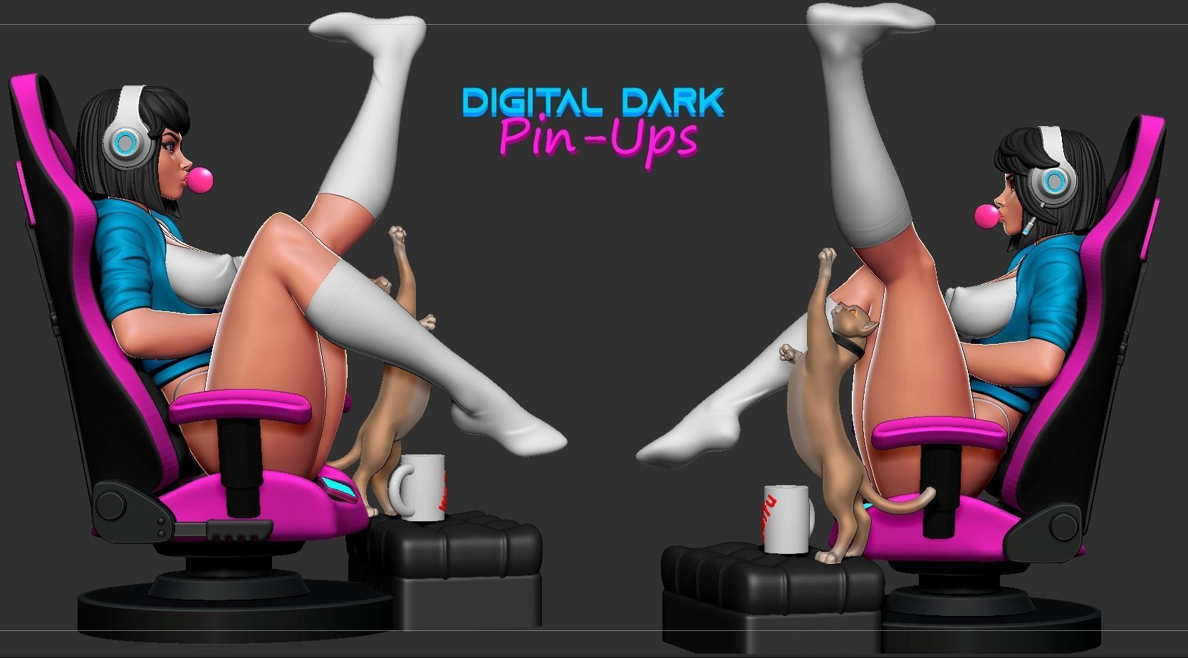 SFW Gamer girl kitty player, Pin-up Miniatures by Digital Dark - Ravenous Miniatures